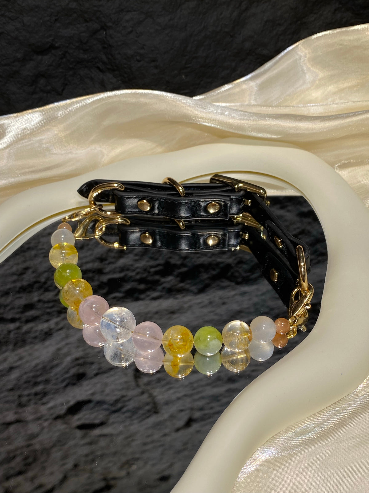 Lime Jelly crystal pet collar with colorful pastel beads styled on cream satin