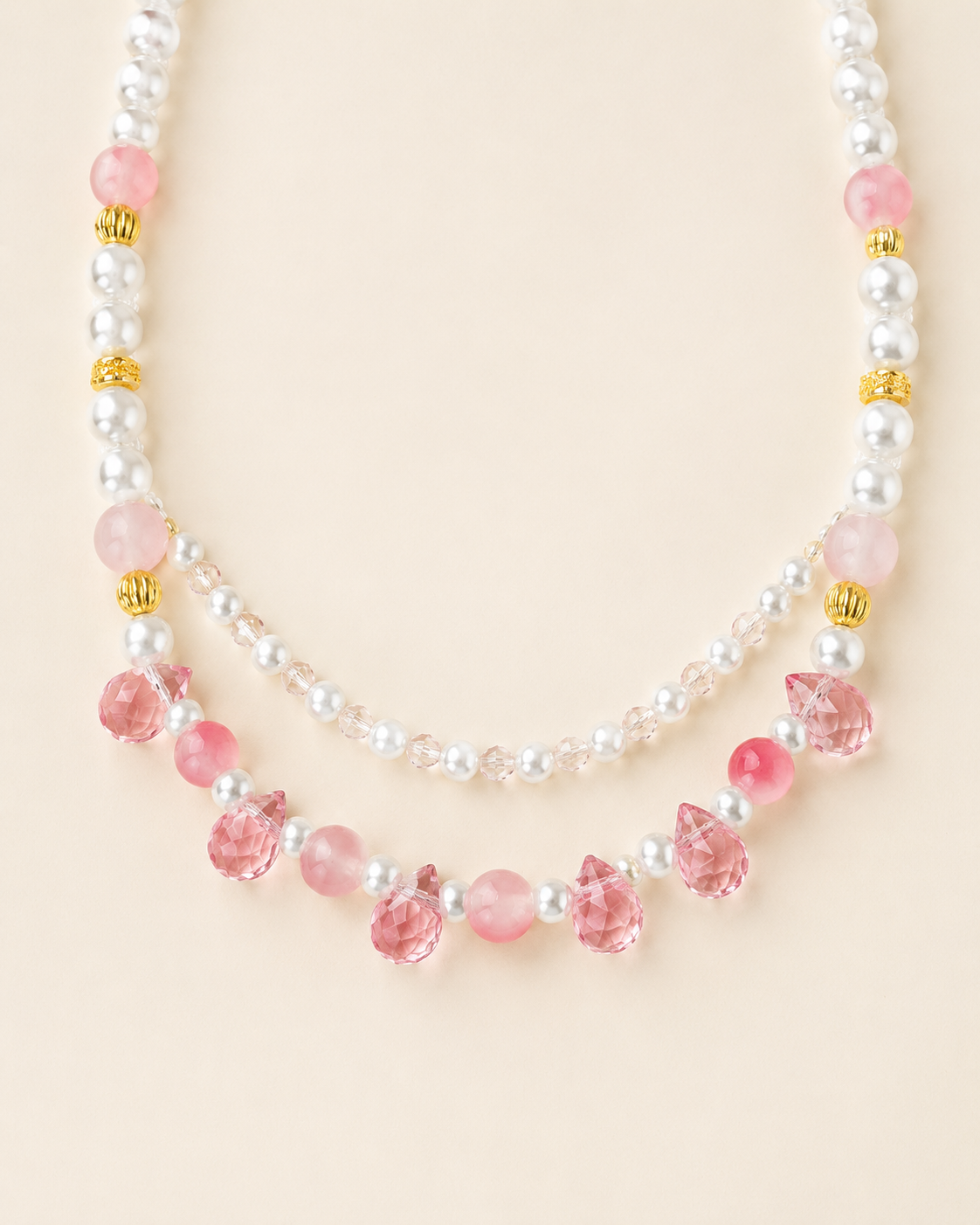 Rose Drops double-layer pink and pearl-style pet necklace