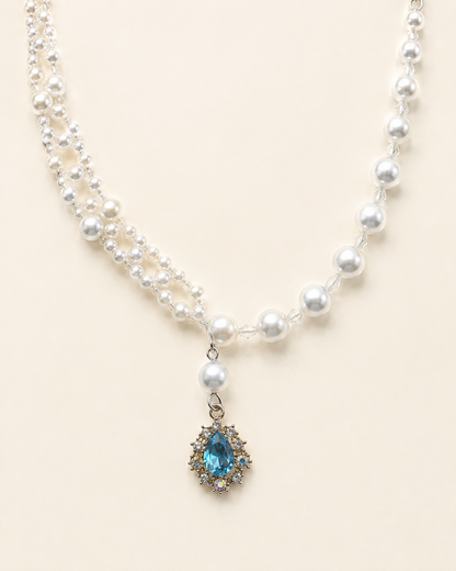 Blue teardrop double-layer pearl-style pet necklace