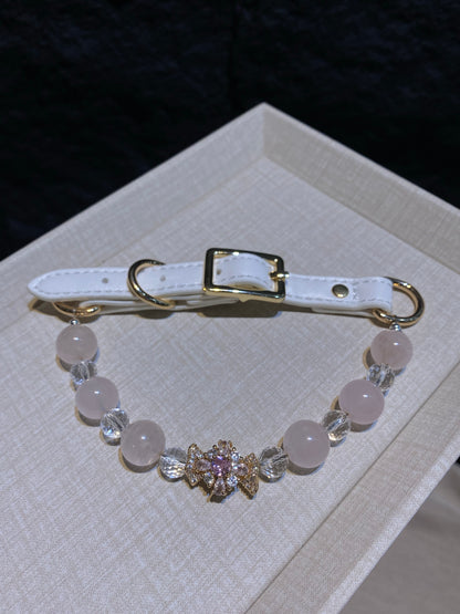Blush Bow crystal pet collar with pink beads, white strap and gold-tone hardware