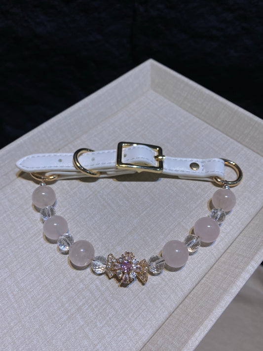 Blush Bow crystal pet collar with pink beads, white strap and gold-tone hardware
