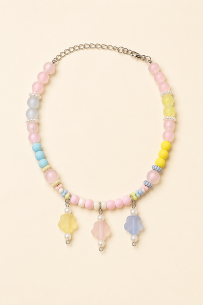 Pastel Bloom beaded pet necklace with three flower charms and adjustable chain