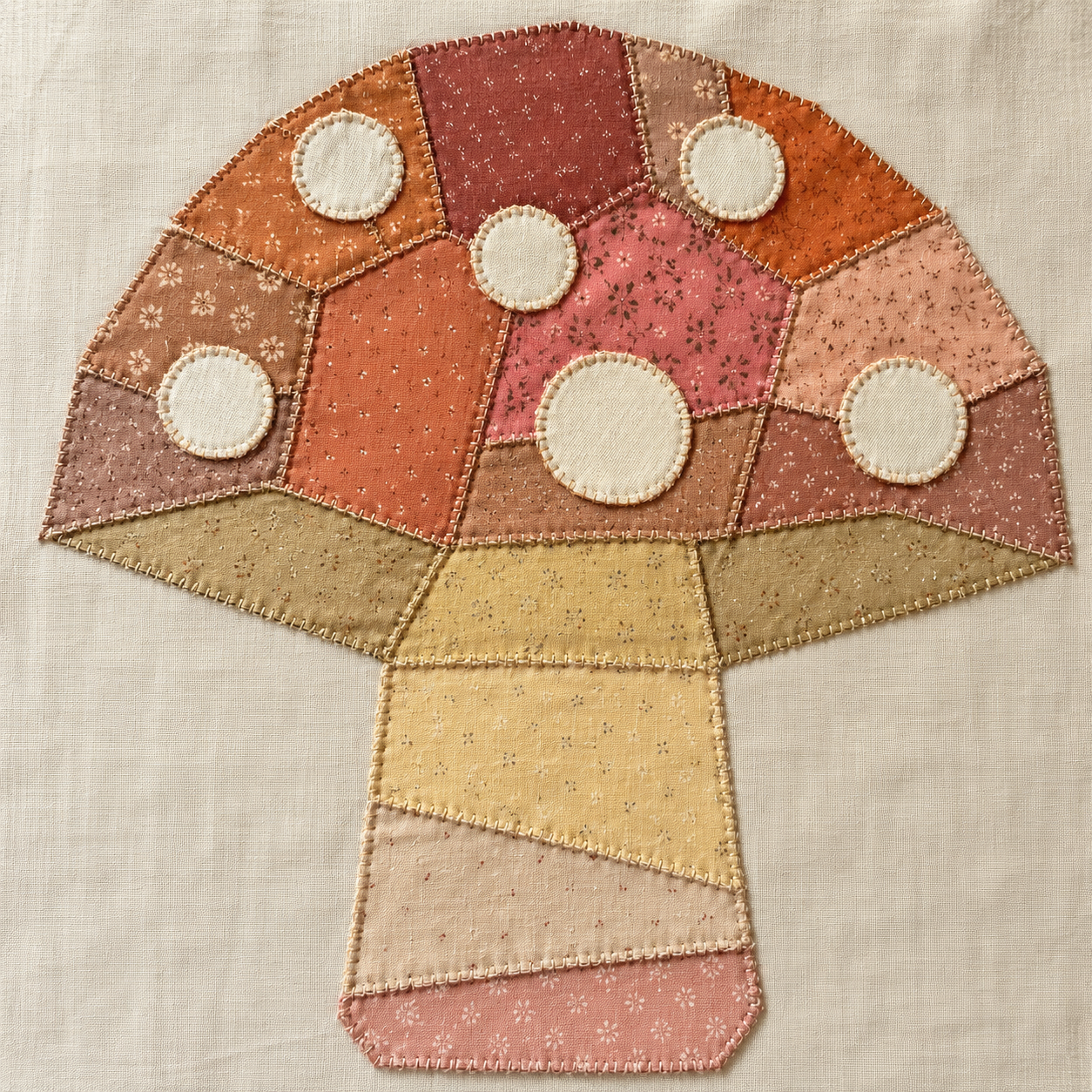 A mushroom-shaped patchwork applique made from multiple fabric panels in warm autumn and peach tones, with cream-colored circular spots, shown on a light beige fabric background.