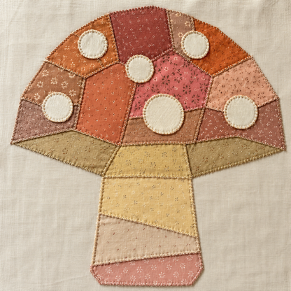 A mushroom-shaped patchwork applique made from multiple fabric panels in warm autumn and peach tones, with cream-colored circular spots, shown on a light beige fabric background.