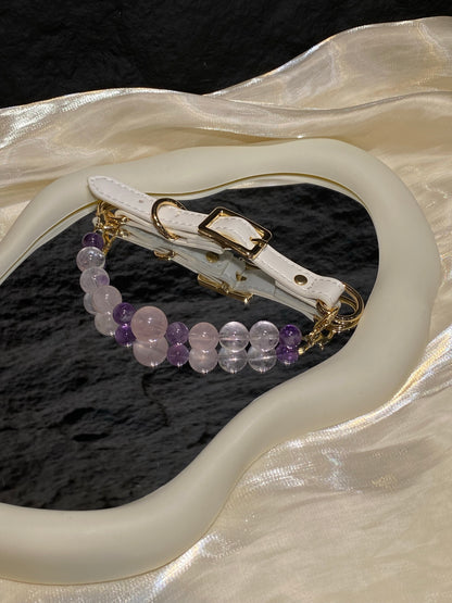 Lavender Blush crystal pet collar with pink, purple and clear beads styled on cream satin