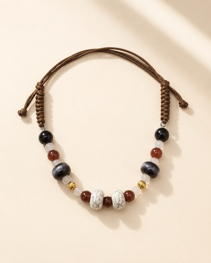 Smoky Cocoa adjustable pet necklace with brown braided cord and marbled beads