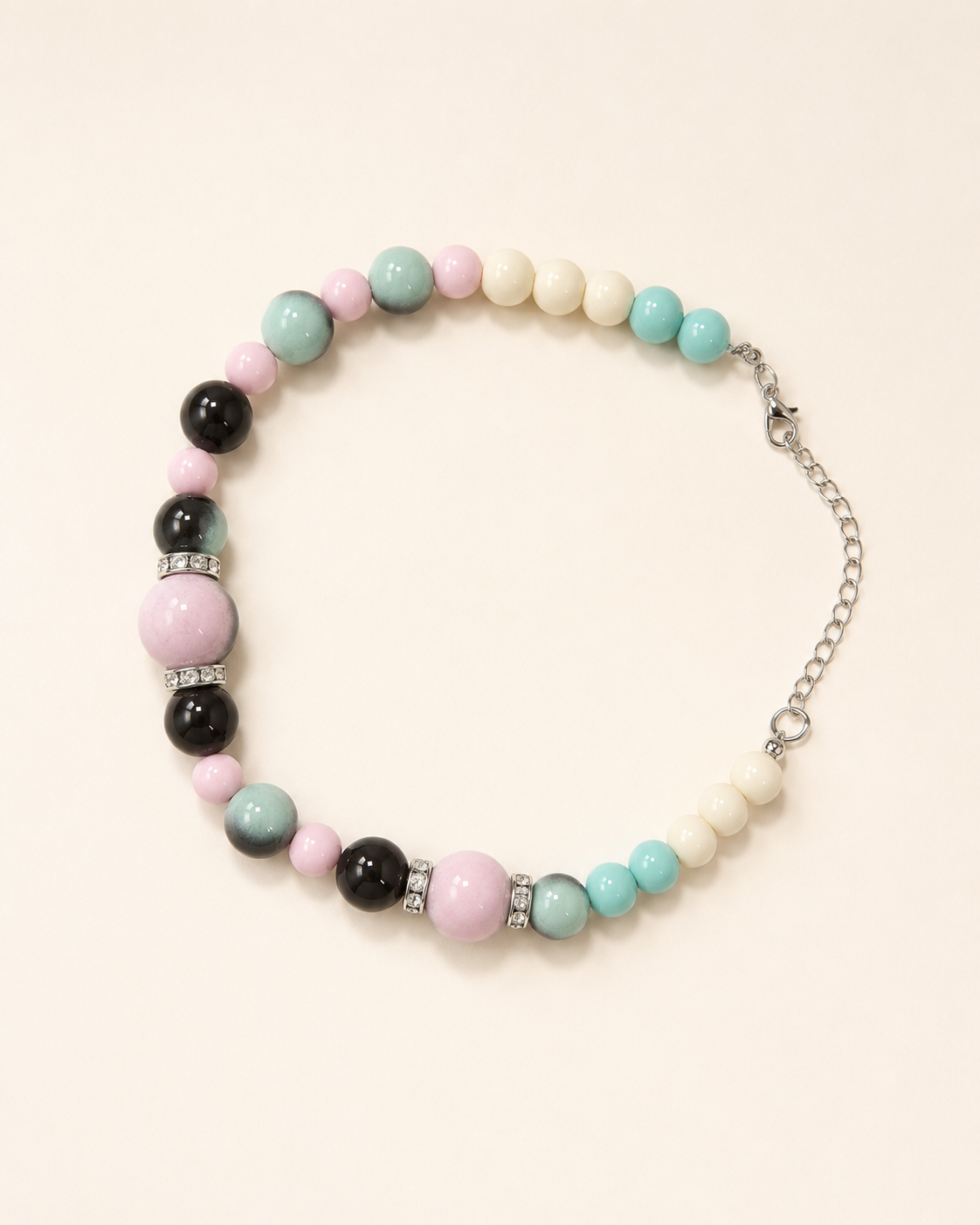 Pastel Mint and Blush adjustable beaded pet necklace with silver-tone chain