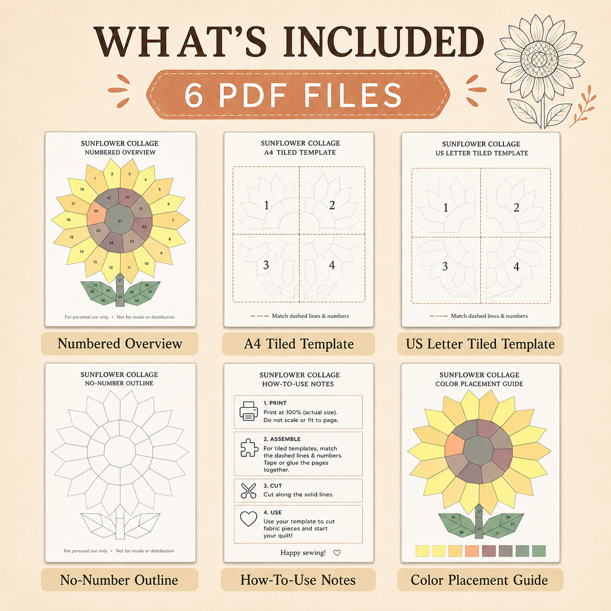 A promotional graphic for a printable sunflower collage kit showing six PDF file previews: numbered overview, A4 tiled template, US Letter tiled template, no-number outline, how-to-use notes, and color placement guide. The layout is on a warm beige background with sunflower illustrations and text labels.