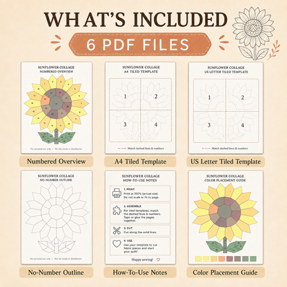 A promotional graphic for a printable sunflower collage kit showing six PDF file previews: numbered overview, A4 tiled template, US Letter tiled template, no-number outline, how-to-use notes, and color placement guide. The layout is on a warm beige background with sunflower illustrations and text labels.
