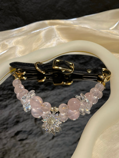 Blush Snowflake crystal pet collar with pale pink beads and sparkling snowflake charm styled on cream satin