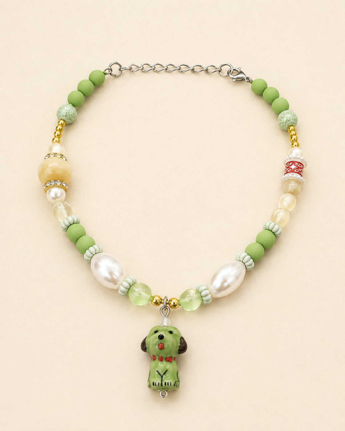Meadow Pup green beaded pet necklace with puppy pendant and adjustable chain