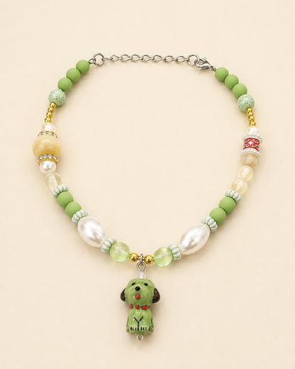 Meadow Pup green beaded pet necklace with puppy pendant and adjustable chain