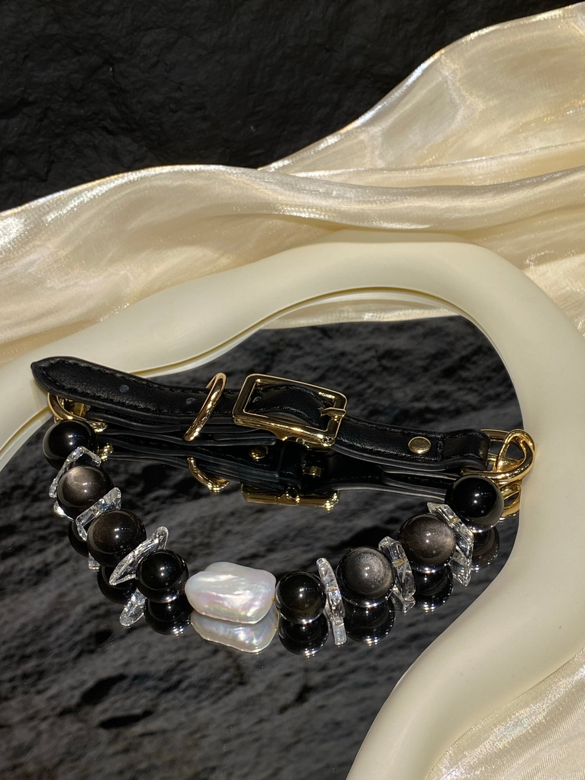Black crystal pet collar with smoky beads, clear accents and gold-tone hardware