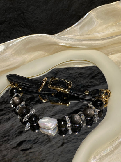 Black crystal pet collar with smoky beads, clear accents and gold-tone hardware
