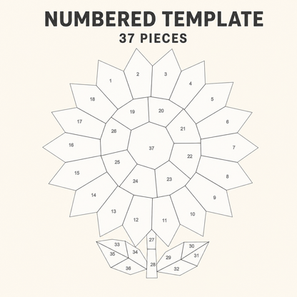 A numbered template diagram showing a flower-like geometric shape made of 37 numbered polygon pieces, with the text 'NUMBERED TEMPLATE' and '37 PIECES' above it on a light beige background.