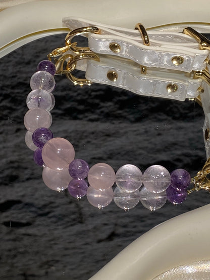 Close-up of blush pink, lavender and clear beads on Lavender Blush crystal pet collar