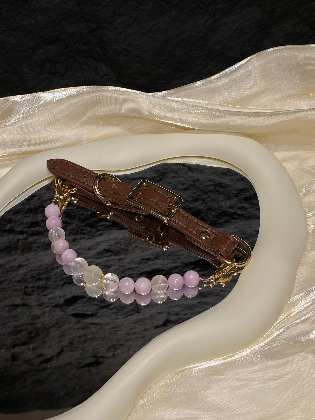 Close-up of soft lavender, blush and translucent beads on Soft Lavender crystal pet collar