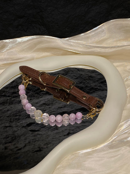 Close-up of soft lavender, blush and translucent beads on Soft Lavender crystal pet collar