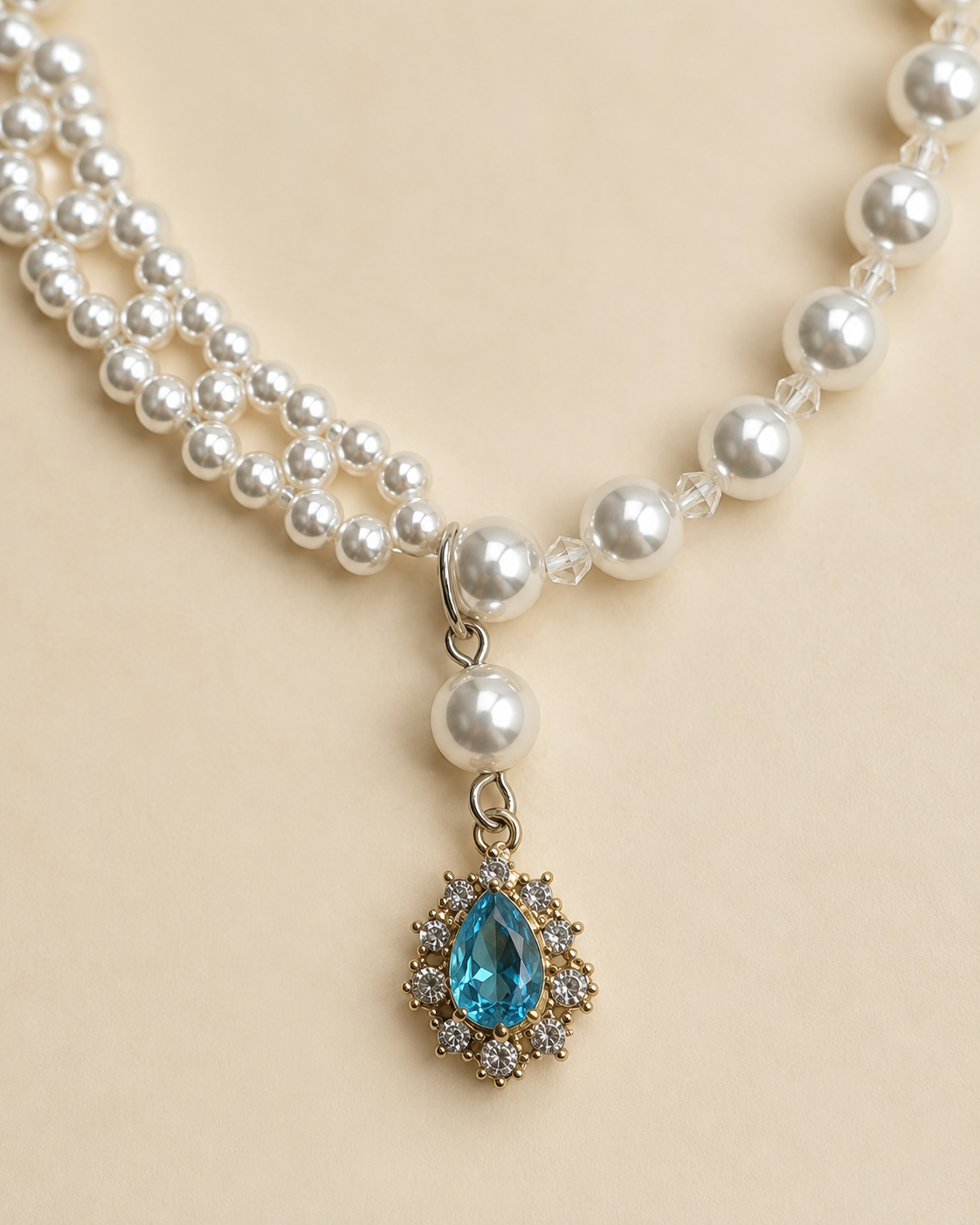 Close-up of blue teardrop pendant on pearl-style pet necklace