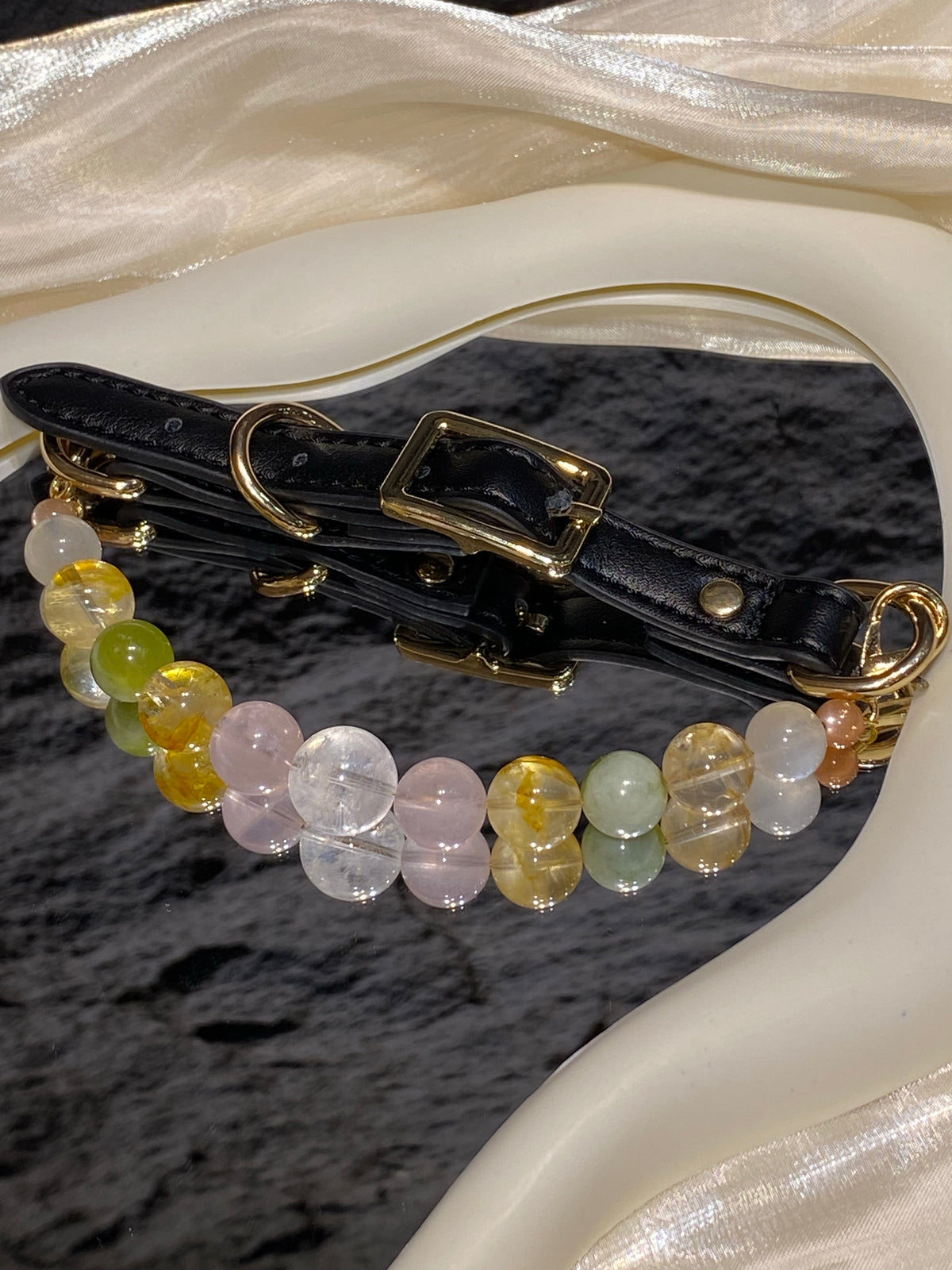Close-up of yellow, green, blush pink and translucent beads on Lime Jelly crystal pet collar