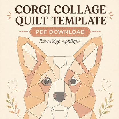 Promotional graphic for a 'Corgi Collage Quilt Template' PDF download, featuring a geometric collage dog design in warm beige, tan, and brown tones on a cream background with decorative text and leaf motifs.