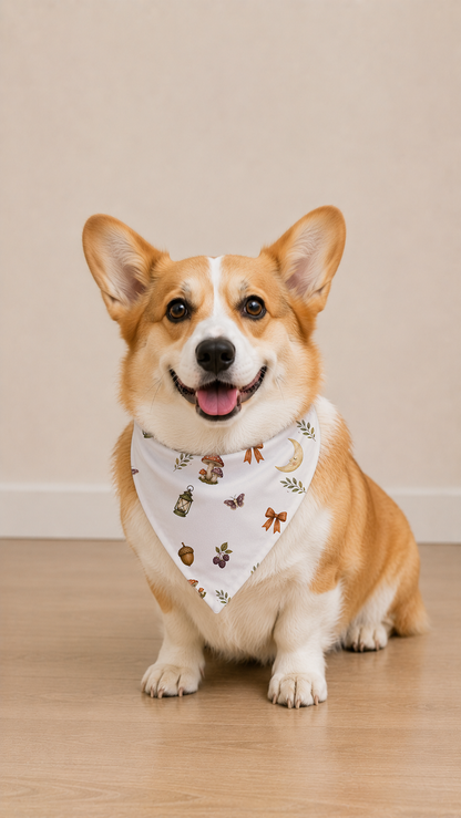 A corgi dog wearing a white bandana with a small autumn leaf pattern, sitting on a light wood floor against a beige wall.