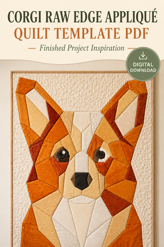 Digital quilt template PDF cover for a corgi raw edge appliqué quilt pattern, featuring a geometric corgi dog design made of tan, brown, and cream fabric pieces. The top of the cover has the text 'Corgi Raw Edge Appliqué Quilt Template PDF' and a green circular badge that says 'Digital Download'.