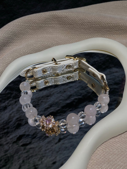 Pink crystal pet collar with clear faceted beads and gold-tone bow detail