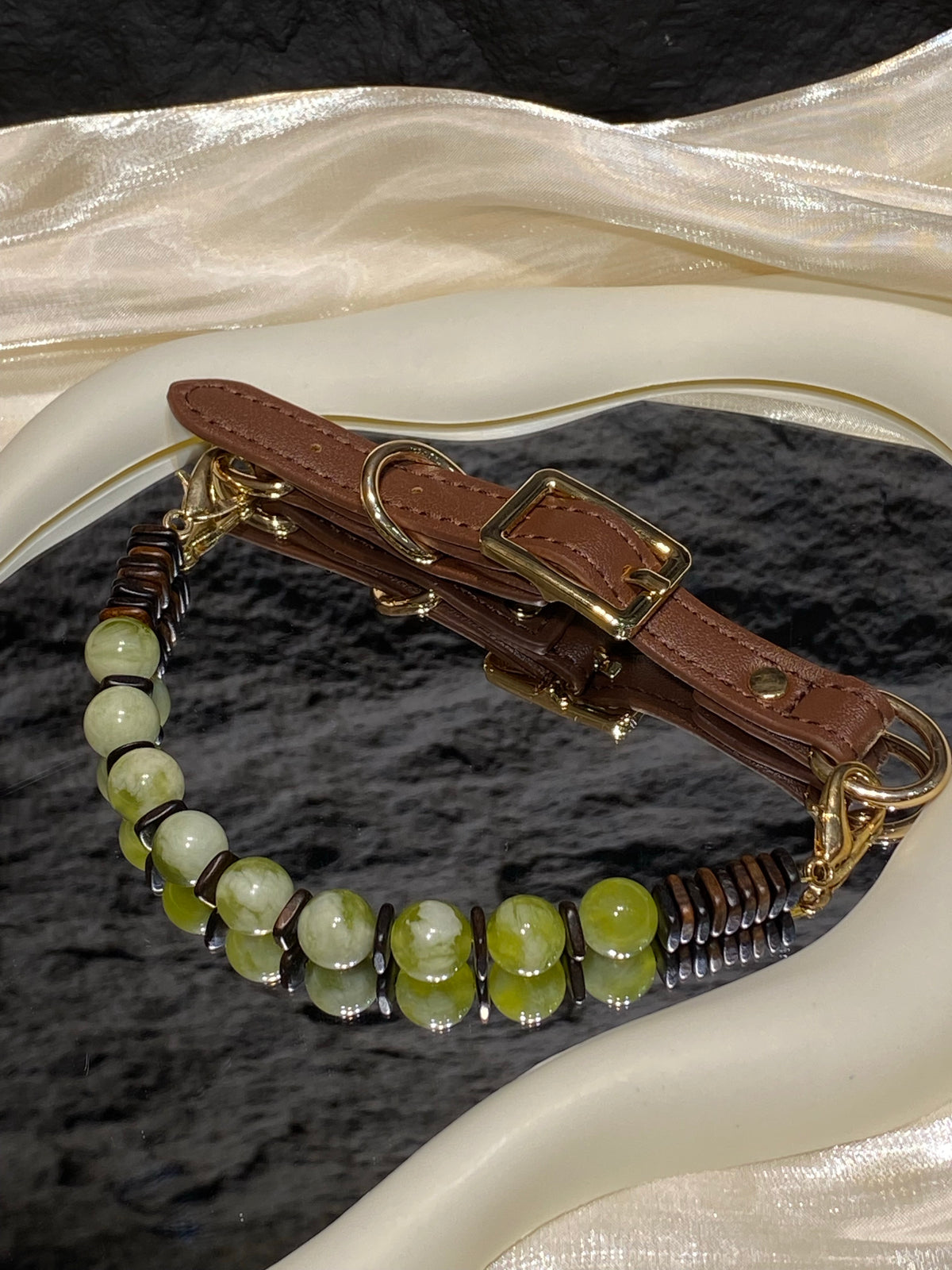 Brown strap and gold-tone buckle detail on Forest Green Vintage mixed-bead crystal pet collar