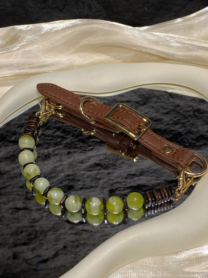 Brown strap and gold-tone buckle detail on Forest Green Vintage mixed-bead crystal pet collar