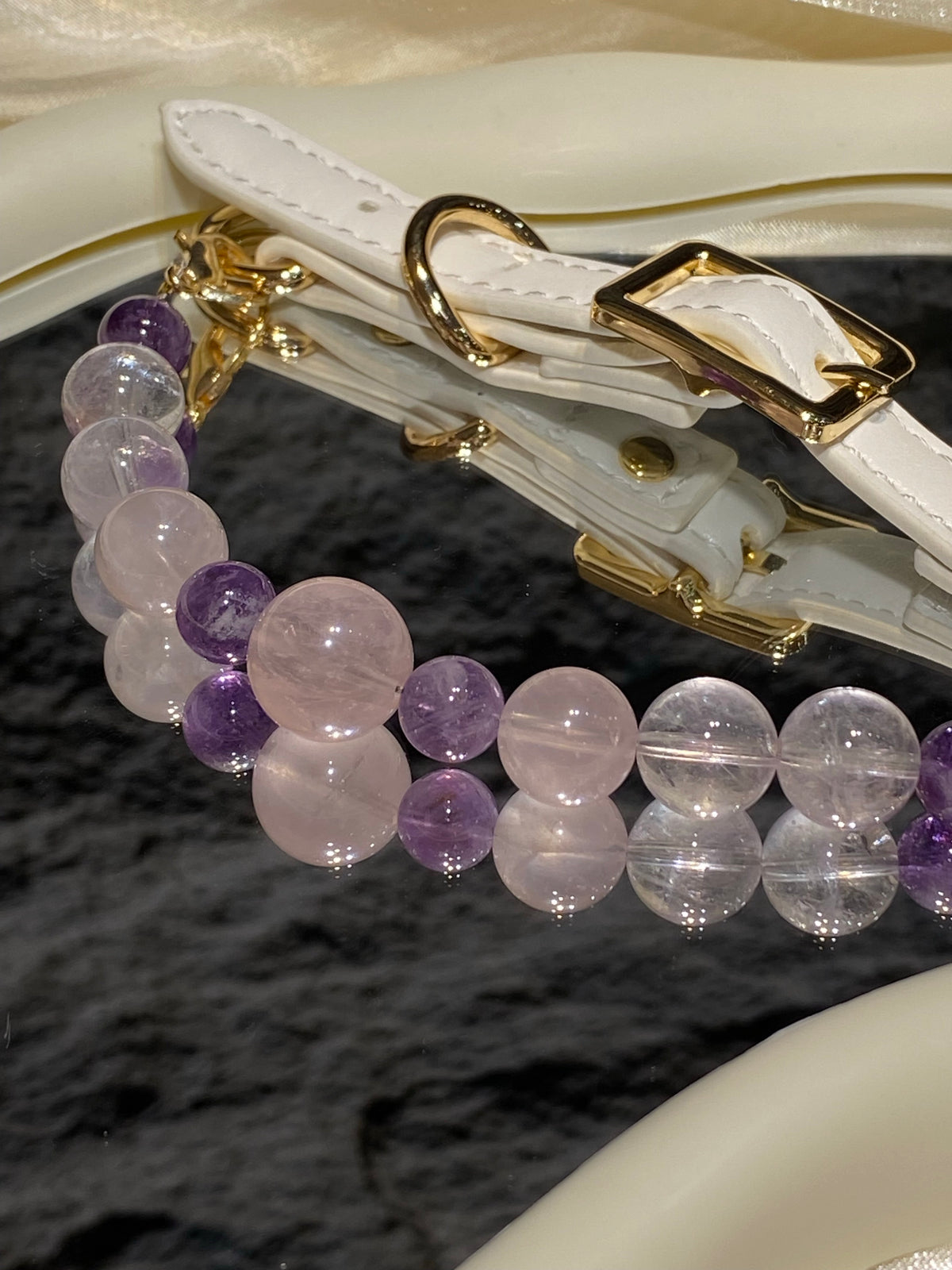 White strap and gold-tone buckle detail on Lavender Blush mixed-bead crystal pet collar