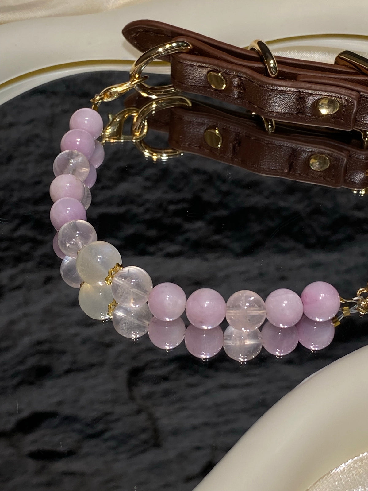 Brown strap and gold-tone buckle detail on Soft Lavender mixed-bead crystal pet collar