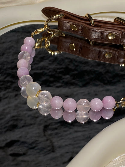 Brown strap and gold-tone buckle detail on Soft Lavender mixed-bead crystal pet collar