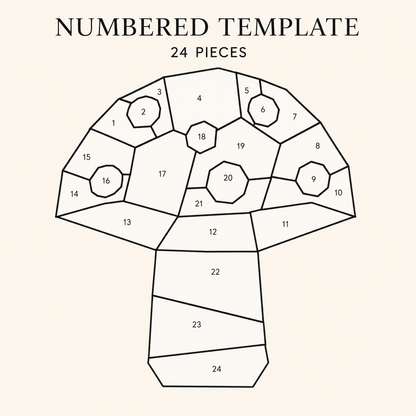 A numbered mushroom-shaped template diagram with 24 pieces, shown on a light beige background. The graphic outlines a mushroom shape divided into numbered sections from 1 to 24, with the text 'NUMBERED TEMPLATE' and '24 PIECES' above it.