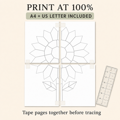 A tracing sheet with a flower outline taped together on a light beige background. Text at the top reads 'PRINT AT 100% A4 + US LETTER INCLUDED' and text at the bottom says 'Tape pages together before tracing.