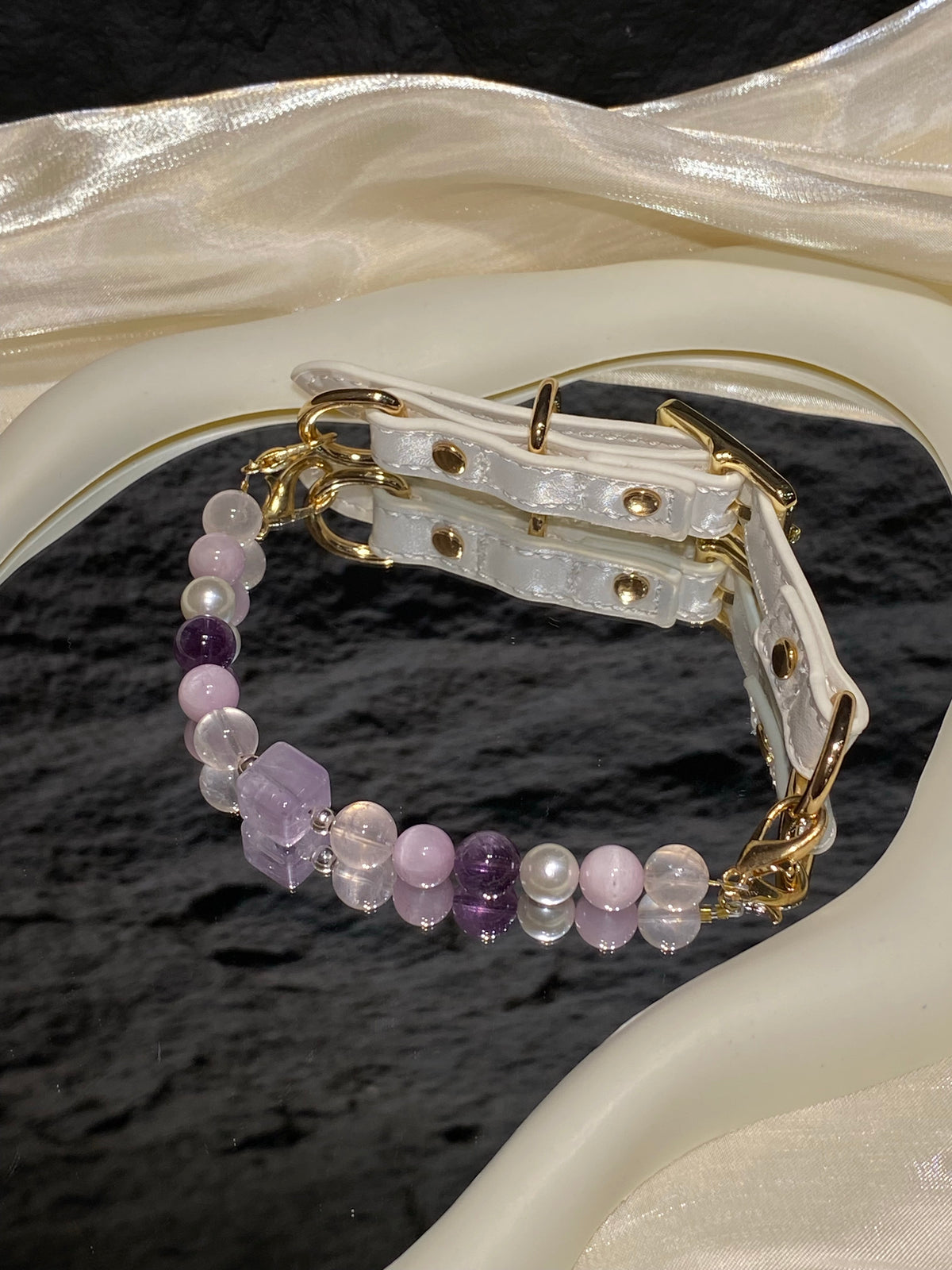 White strap and gold-tone buckle detail on Taro Purple crystal pet collar