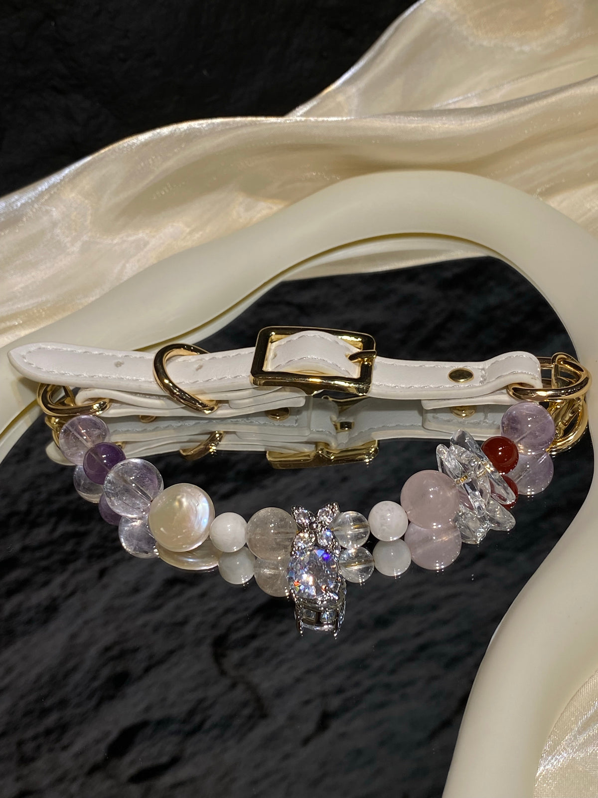 White strap and gold-tone buckle detail on Lavender Charm mixed-bead crystal pet collar