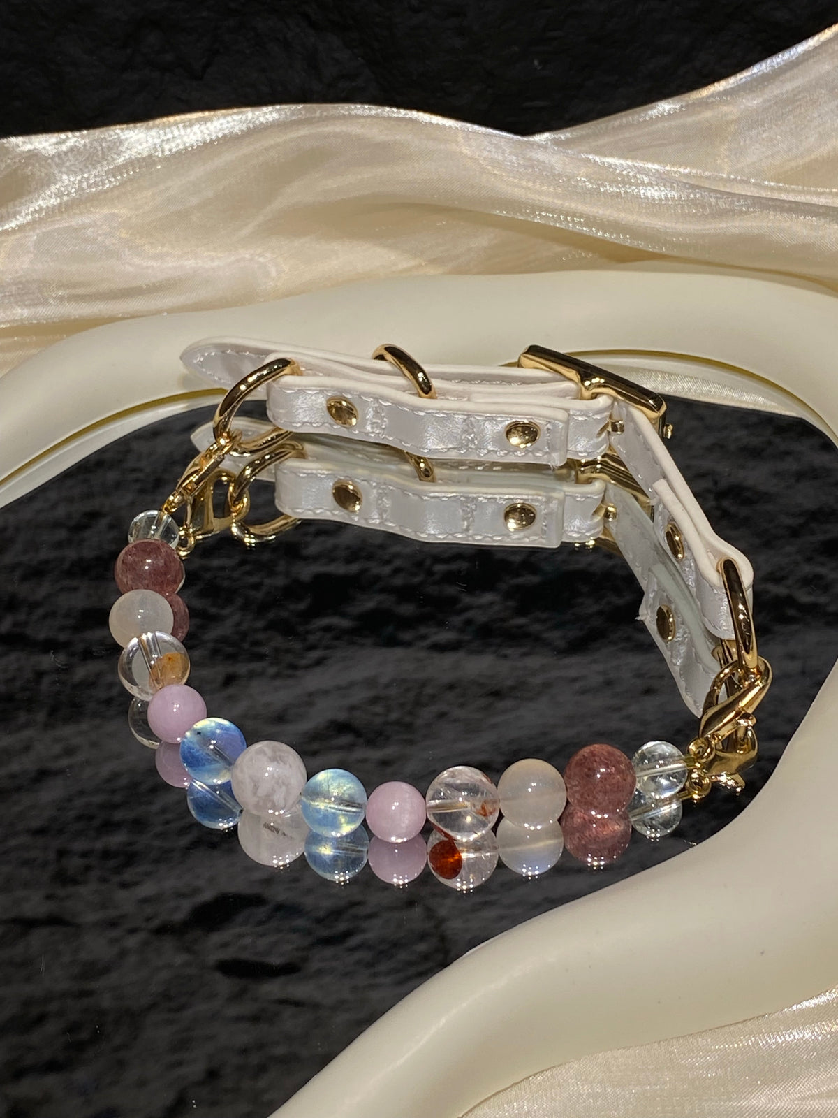 Macaron beaded pet collar with white adjustable strap and gold-tone details