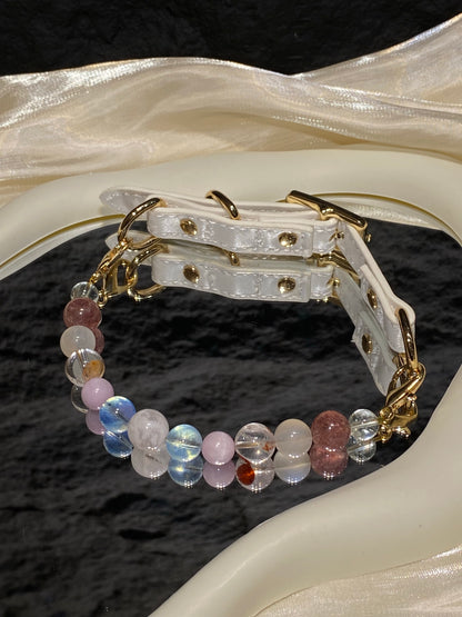 Macaron beaded pet collar with white adjustable strap and gold-tone details