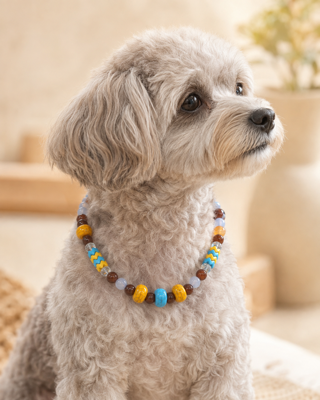 Small dog wearing colorful statement bead necklace for pets