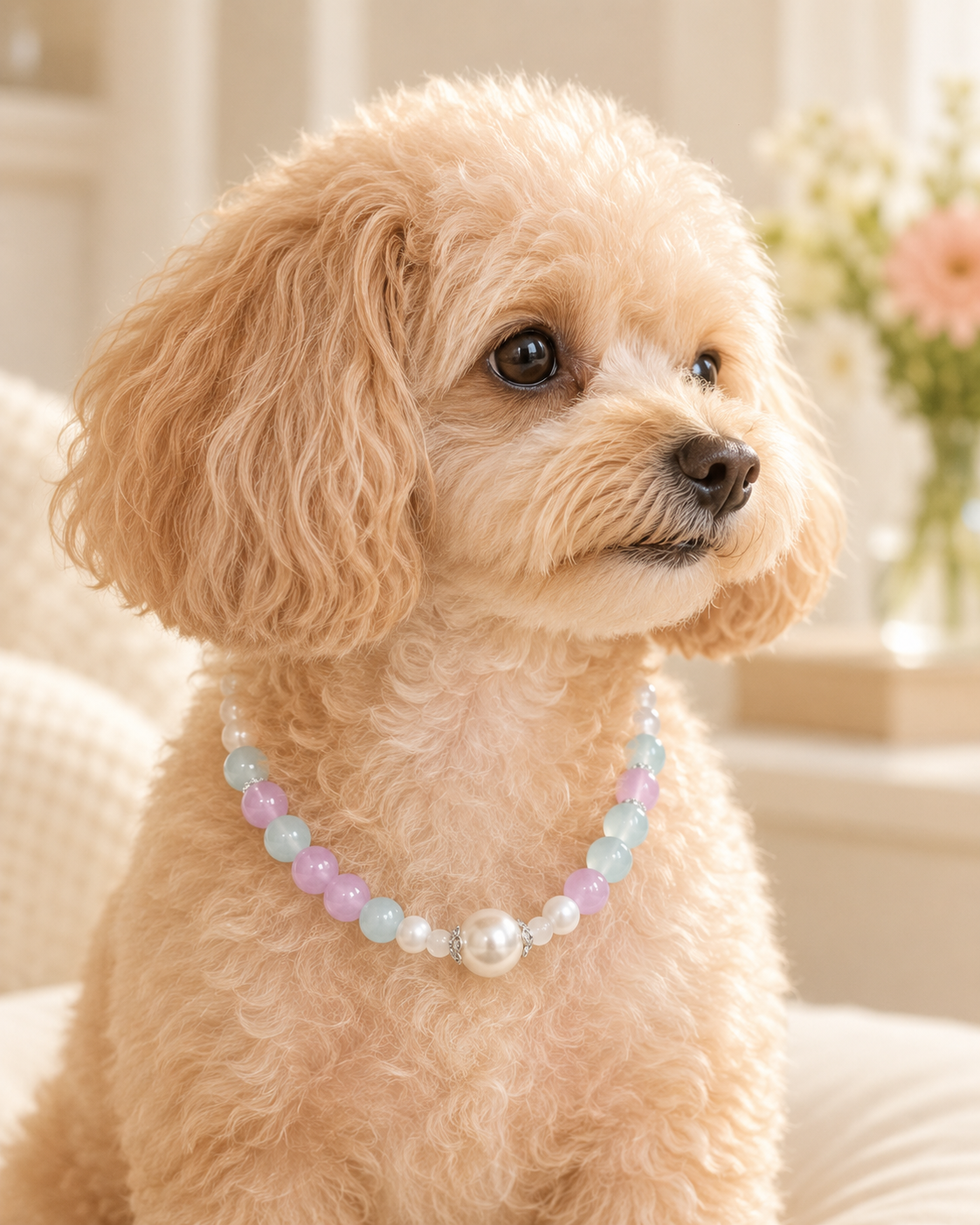 Side view of small dog wearing pastel beaded pet necklace