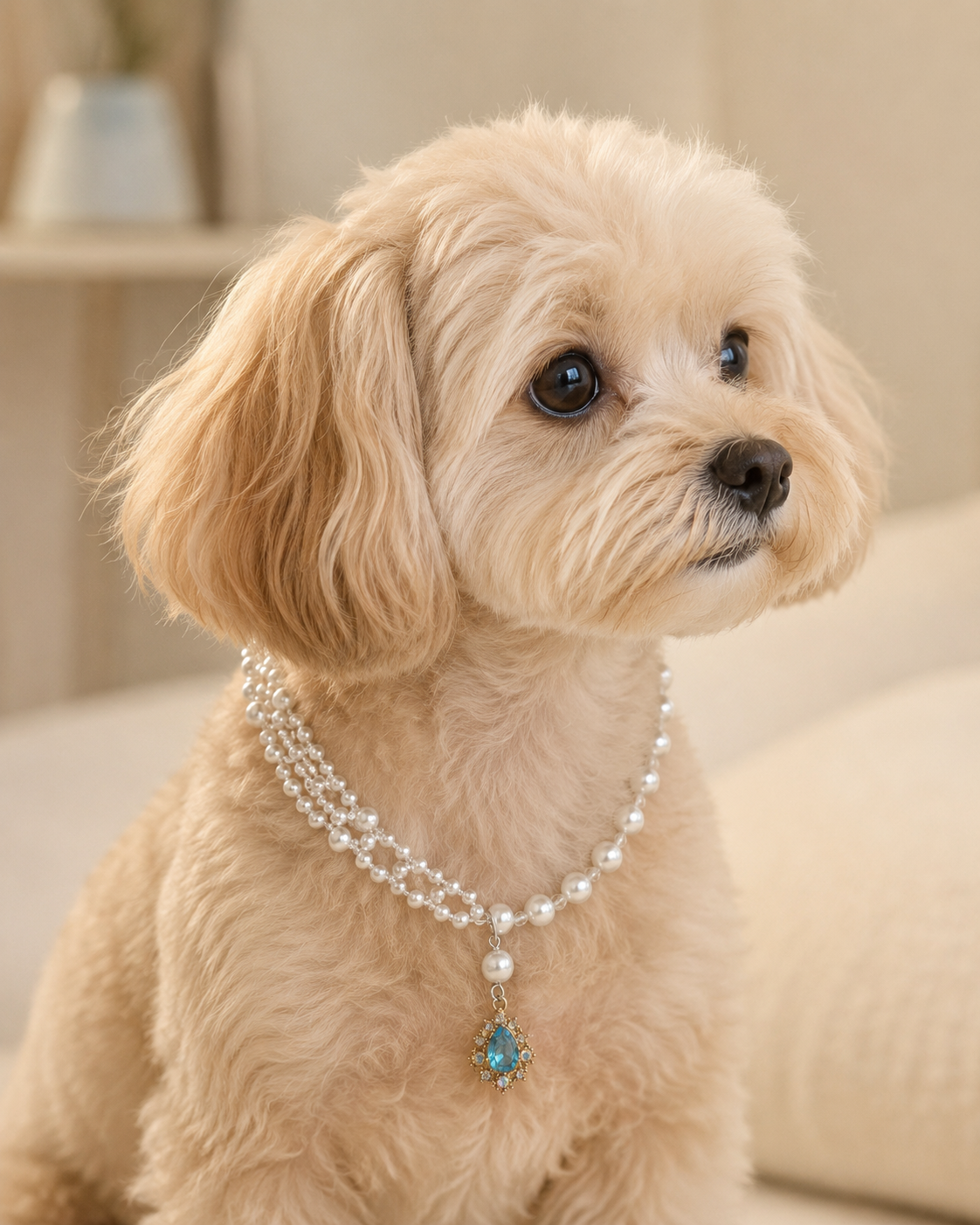 Side view of small dog wearing double-layer pearl-style necklace