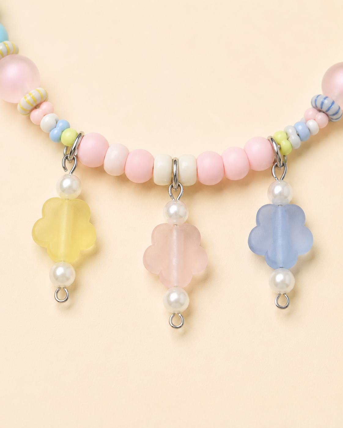 Pastel Bloom beaded pet necklace with three flower charms and adjustable chain