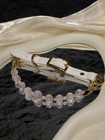 Silver shaded cat wearing a Peach Blush crystal pet collar with pale pink beads