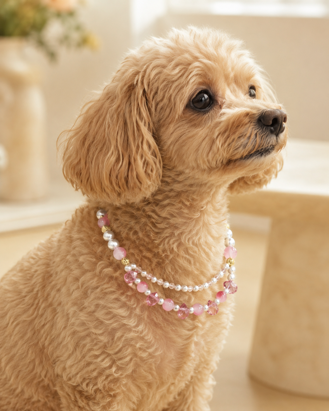 Small dog wearing pink pearl-style statement necklace for pets