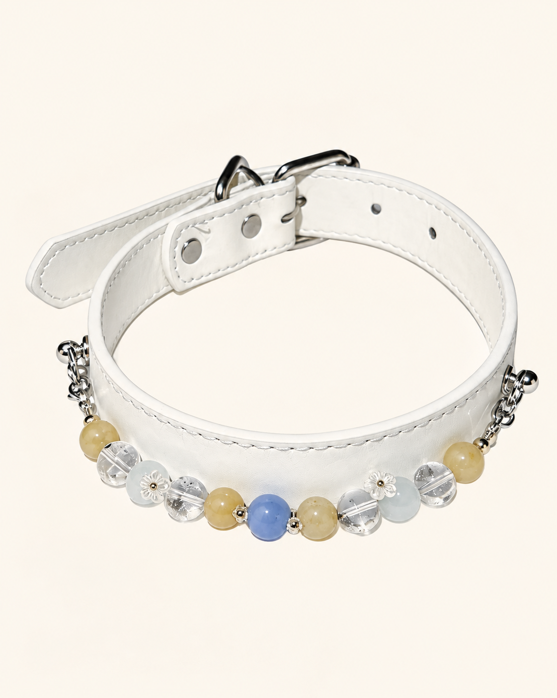 Aquamarine Crystal Pet Collar – White Smooth Style | Agate & Green Phantom Quartz