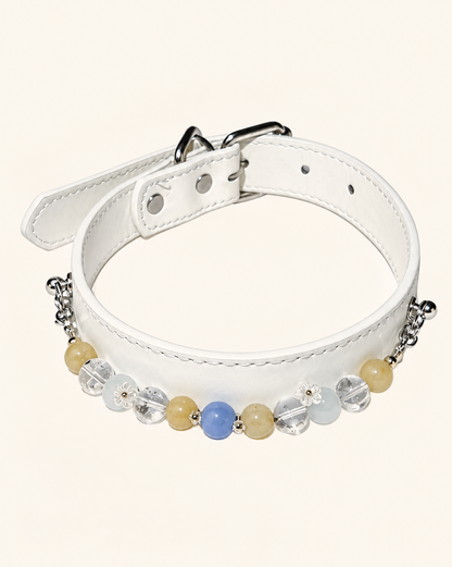 Aquamarine Crystal Pet Collar – White Smooth Style | Agate & Green Phantom Quartz