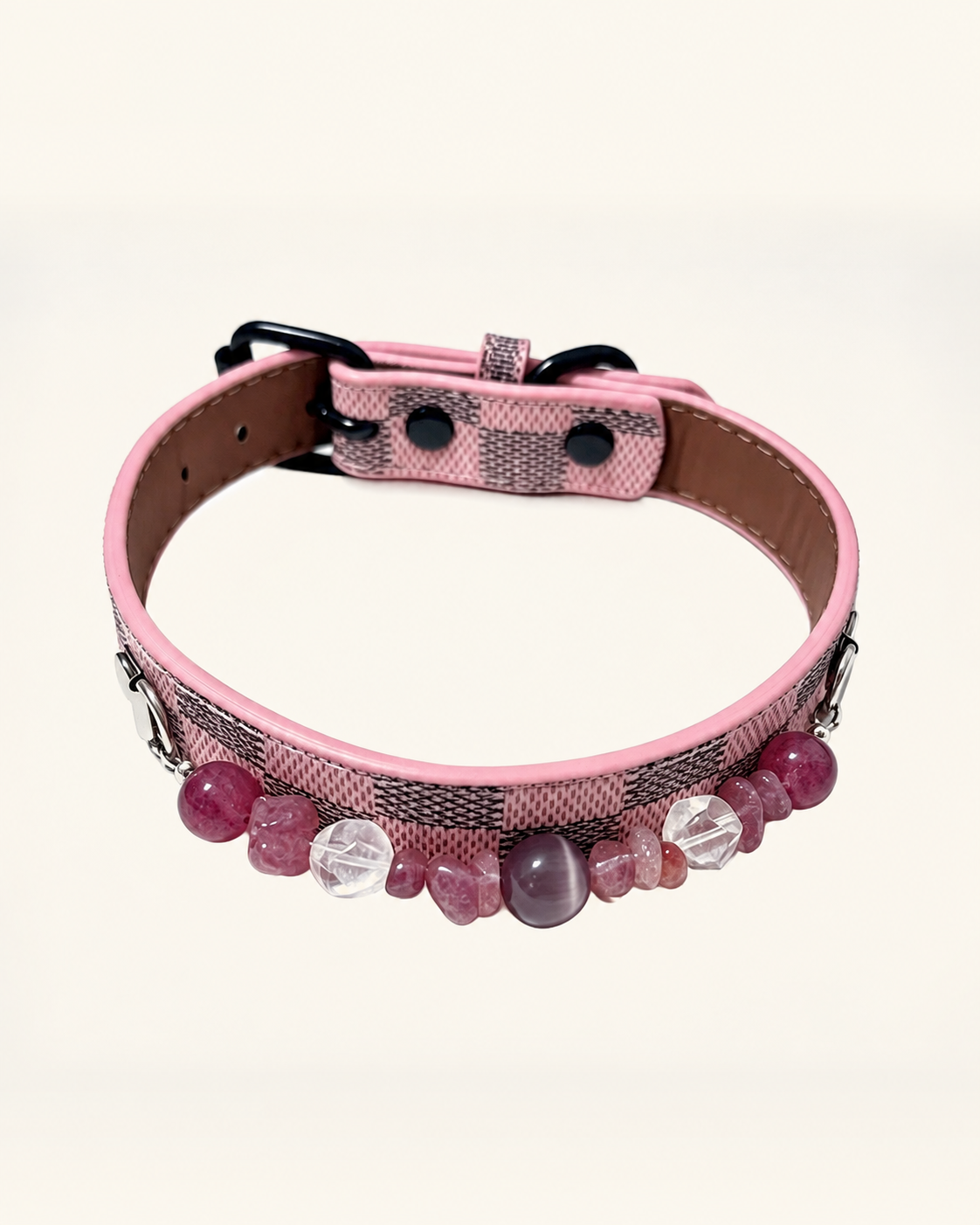 Strawberry Quartz Crystal Pet Collar – Pink Checkered Style | Clear Quartz & Cat’s Eye Glass