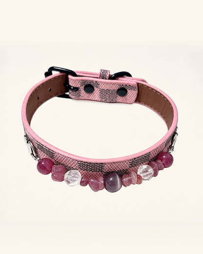 Strawberry Quartz Crystal Pet Collar – Pink Checkered Style | Clear Quartz & Cat’s Eye Glass