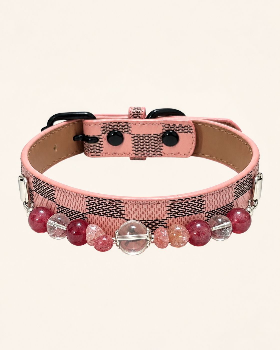 Strawberry Quartz Crystal Pet Collar – White Quartz, Green Phantom Quartz & Pink Checkerboard Band